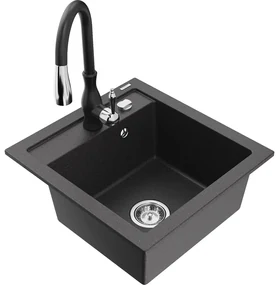 Mexen Vito, 1-komorový granitový drez 520x490x210 mm a drezová batéria Savita, čierna škvrtnitá, 6503-76-672601-70