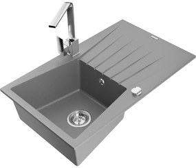 Mexen Cesar, granitový drez 775x470x190 mm, 1-komorový, šedá s chrómovým sifónom a chrómová drezová batéria Rita, 6514-71-670300-00