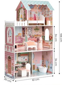 Veľký drevený domček pre bábiky ECOTOYS – 3 poschodia, 9 dielikov nábytku (pre Barbie)