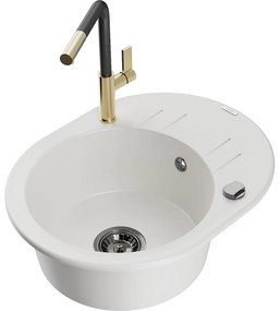 Mexen Kevin, 1-komorový granitový drez 586x458x190 mm a drezová batéria Flora, biela, 6517-20-670401-57-B