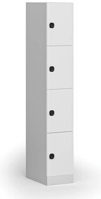 Šatníková skrinka s úložnými boxmi, 4 boxy, 1850 x 300 x 500 mm, demont, kódový zámok, laminované dvere, biela