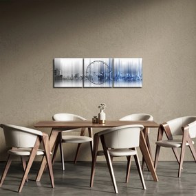Obraz - Panoráma mesta, modro-šedé (s hodinami) (90x30 cm)