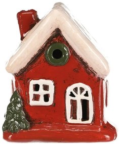 Vianočná dekorácia keramický domček s bielou strechou, LED, červená