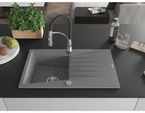 Mexen Cesar, 1-komorový granitový drez 775x470x190 mm a drezová batéria Aster, šedá, 6514-71-73450-07