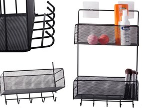 VERK GROUP Dvojposchodová závesná kovová polica do kúpeľne s 5 háčikmi, čierny ARGO