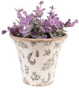 Béžový antik keramický obal na kvetináč so zelenými kvetmi M - Ø 14*13 cm