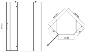 Cersanit Jota, 5-uhoľníkový sprchovací kút 80x80x195 cm, ľavé dvere, 6mm číre sklo, čierny profil, S160-012