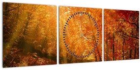 Obraz jesenného lesa (s hodinami) (90x30 cm)