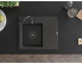 Mexen Ben, 1-komorový granitový drez 600x500x190 mm, ľavý + čierny sifón, čierna škvrnitá, 6522605000-76-B