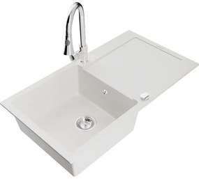 Mexen Leo, 1-komorový granitový drez 900x500x190 mm a drezová batéria Elia, biela, 6501-20-670101-00