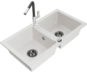 Mexen Mario, 2-komorový granitový drez 820x436x161 mm a drezová batéria Flora, biela, 6504-20-670401-07-B