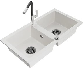Mexen Mario, 2-komorový granitový drez 820x436x161 mm a drezová batéria Flora, biela, 6504-20-670401-07-B