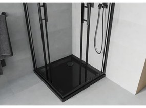 Mexen Rio, štvorcový sprchovací kút s posuvnými dverami 90 x 90 cm, 6mm číre sklo, čierny profil + čierna sprchová vanička, 860-090-090-70-00-4070B