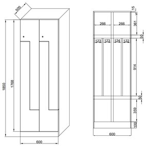 Kovová šatníková skrinka S1 Z, 4 oddiely, 1850 x 600 x 500 mm, mechanický kódový zámok, laminované dvere, orech