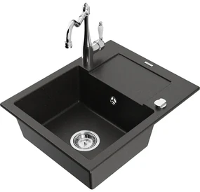 Mexen Enzo, granitový drez 576x465x174 mm, 1-komorový a drezová batéria Carla, čierna-zlatá metalíza, 6506-75-670700-00
