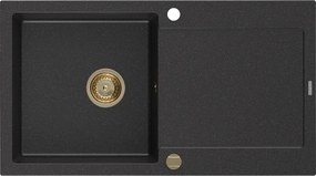 Mexen Leo, drez granitový 900x500x190 mm, 1-komorový, čierna-strieborná metalíza so zlatým sifónom, 6501901010-73-G