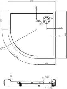 Mexen Flow+, štvrťkruhová sprchová vanička 90 x 90 cm, čierna matná, 46Q709090H