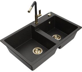 Mexen Tomas, 2-komorový granitový drez 800x500x190 mm a drezová batéria Flora, čierna-zlatá metalíza, 6516-75-670401-57-G
