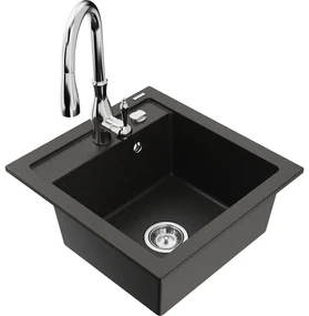 Mexen Vito, 1-komorový granitový drez 520x490x210 mm a drezová batéria Savita, čierna-zlatá metalíza, 6503-75-672601-00
