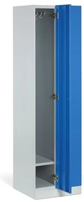 Kovová šatníková skrinka S1 zúžená, 2 oddiely, 1850 x 500 x 500 mm, kódový zámok, modré dvere