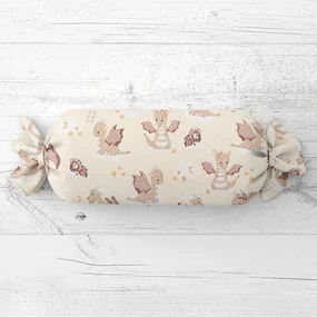 Biante Detský vankúš valec bonbon Sandra SA-467 Dráčikovia na žltobéžovom 15x40 cm