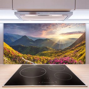 Sklenený obklad Do kuchyne Hora lúka slnko krajina 140x70 cm