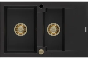 Mexen Gaspar granitový 1,5-komorový drez s odkvapkávačom 737 x 475 mm, Čierna, Sifón Zlatá - 6507731505-77-G