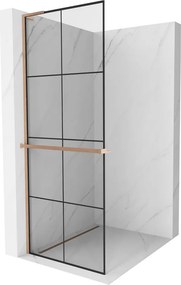 Mexen Kioto+ L, sprchová zástena Walk-In s poličkou a vešiakom 80 x 200 cm, 8mm číre sklo čierny vzor, medený matný profil, 800-080-123-65-77