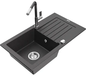 Mexen Pablo, 1-komorový granitový drez 752x436x161 mm a drezová batéria Flora, čierna škvrnitá, 6510-76-670401-08