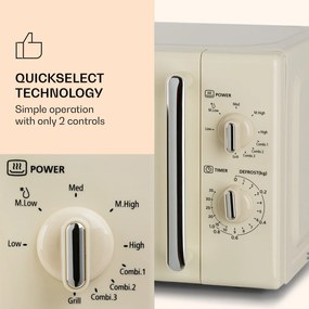 Klarstein Caroline, mikrovlnná rúra, 20 l, 700/1000 W, Ø 25,5 cm, QuickSelect, retro, krémová
