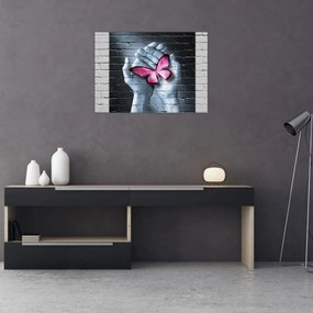 Obraz - Ružový motýľ v stene (70x50 cm)