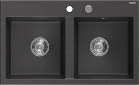 Mexen Hektor, 2-komorový granitový drez 800x480x205 mm, čierna škvrnitá, chrómový sifón, 6521802000-76