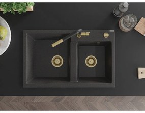 Mexen Tomas, 2-komorový granitový drez 800x500x190 mm a drezová batéria Flora, čierna škvrnitá, 6516-76-670401-57-G