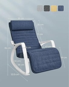 Hojdacie kreslo s podrúčkami z brezového dreva, 5-smerovo nastaviteľná opierka nôh, modrá