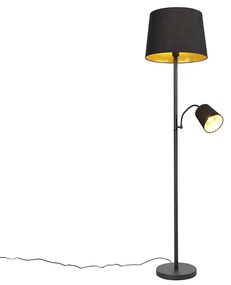 Klasická stojaca lampa čierna so zlatom a lampou na čítanie - Retro