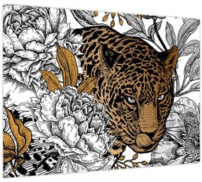 Sklenený obraz - Leopard medzi kvetmi (70x50 cm)