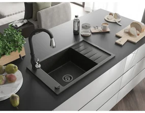 Mexen Elias, 1-komorový granitový drez 795x480x200 mm a drezová batéria Savita, čierna-zlatá metalíza, 6511-75-672601-70-B