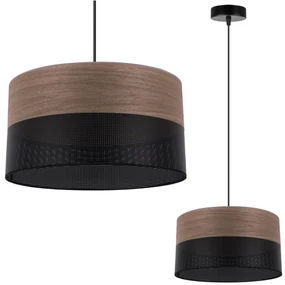 Závesné svietidlo Wood, 1x hnedá orechová dýha/čierne PVC tienidlo, (fi 30cm)