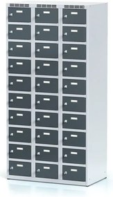 Alfa 3 Šatníková skrinka S6 s úložnými boxami, 30 boxov, 1800 x 900 x 500 mm, otočný zámok, tmavosivé dvere