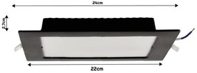 BERGE Štvorcový LED pabel zapustený - čierny - 18W - PC - neutrálna biela