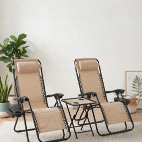 Set 2 polohovateľných záhradných lehátok so stolíkom - béžový