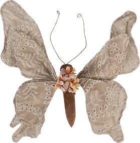 Béžová dekorácia motýľ na klipe zdobený čipkou Butterfly - 33*6*31 cm