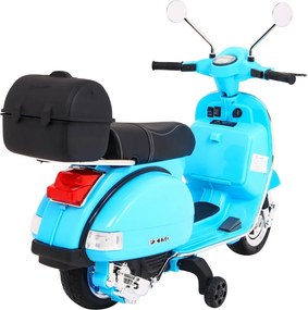 Ramiz Elektrický skúter Vespa pre deti modrý + pomocné kolieska + audio + ekokoža + EVA + plynulý štart
