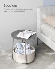 Okrúhly príručný stolík s látkovým košom, sivá a biela farba