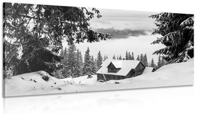 Obraz drevený domček pri zasnežených boroviciach v čiernobielom prevedení - 100x50