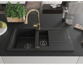 Mexen Matias, 1,5-komorový granitový drez 900x505x200 mm a drezová batéria Elia, čierna, 6502-77-670101-50-B