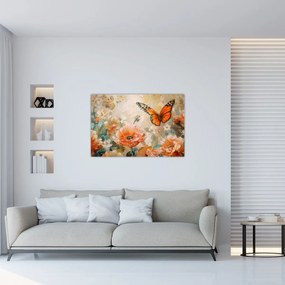 Obraz - Motýľ a kvety, olejomaľba (90x60 cm)