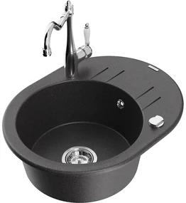 Mexen Kevin, drez granitový 586x458x190 mm, 1-komorový a drezová batéria Carla, čierna škvrnitá, 6517-76-670700-00