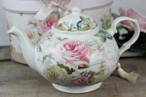 Biely čajník s motívom ruží v darčekovej krabičke