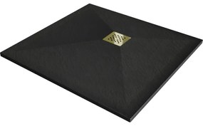 Mexen Stone+, štvorcová vanička z minerálneho kompozitu 90 x 90 cm, čierna, zlatá lesklá krytka, 44709090-G